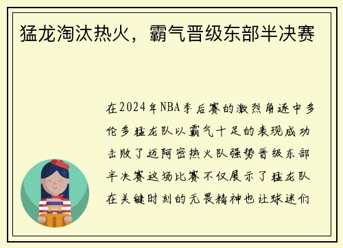 猛龙淘汰热火，霸气晋级东部半决赛