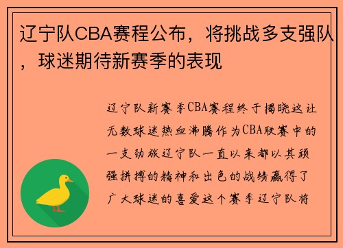 辽宁队CBA赛程公布，将挑战多支强队，球迷期待新赛季的表现